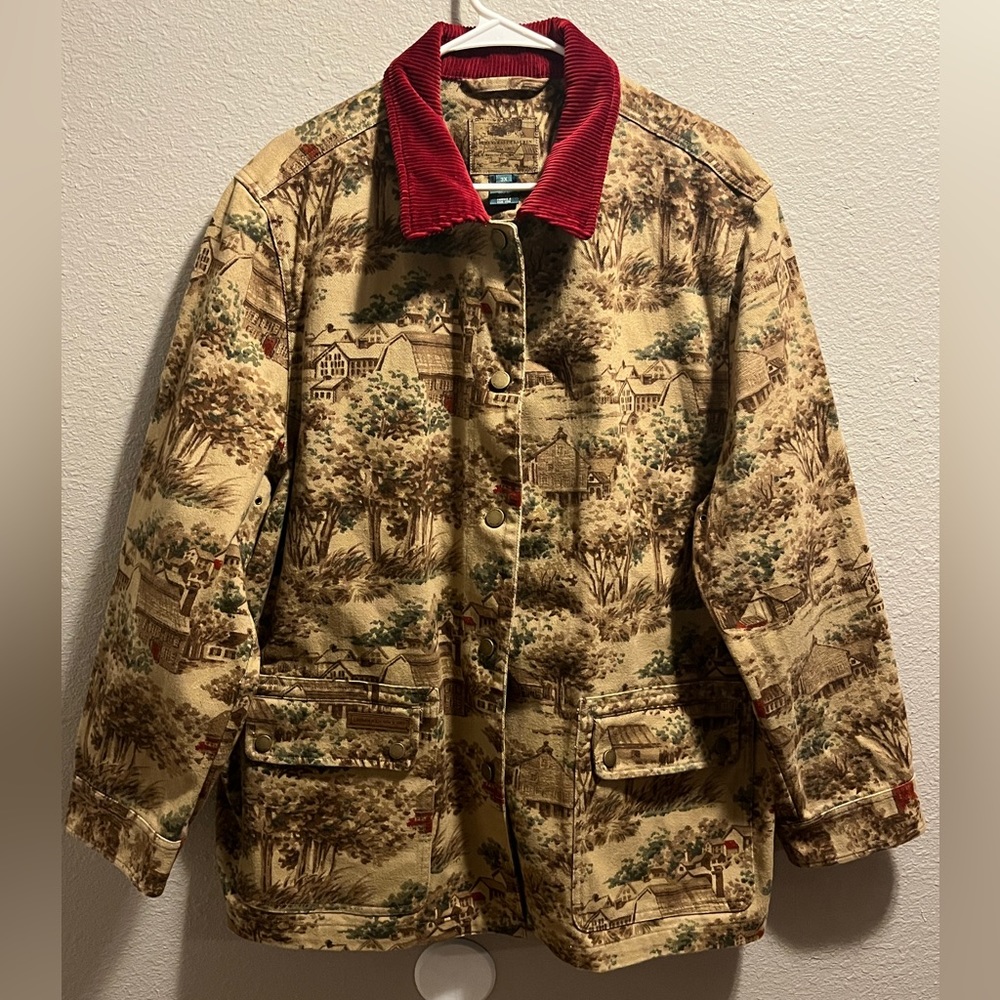 Lauren Ralph Lauren Barn Coat Red Corduroy Tan House Print Women’s Sz 3X
